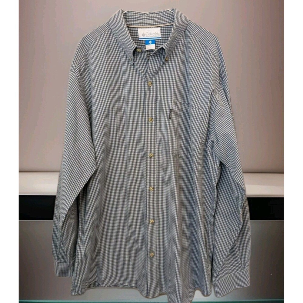 Columbia Plaid Button Down Shirt XL Grey Blue White Check Long Sleeve